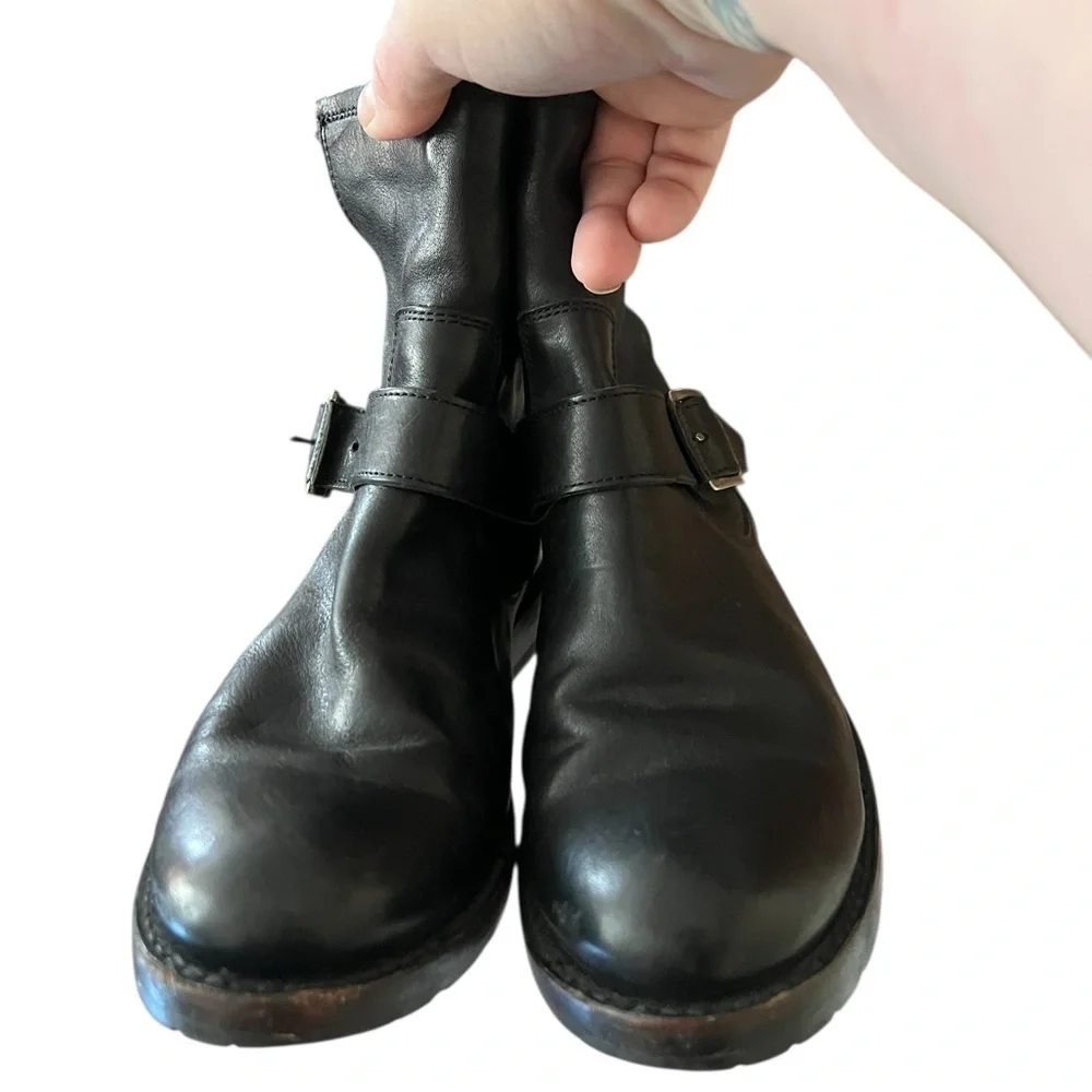 Frye Natalie short engineer black leather ankle boots with silver hardware